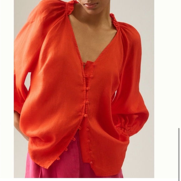 NWT! Anthropologie Maeve LINEN The Audie Puff-Sleeve Oversized Top Shirt M - Picture 8 of 15